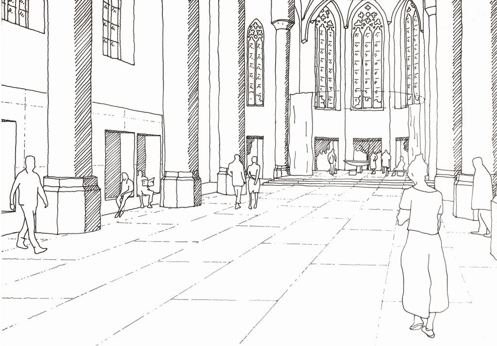 Objet Ambigu | Perspektive des Innenraums mit Holzdeck, Einbauten und Öffnungen